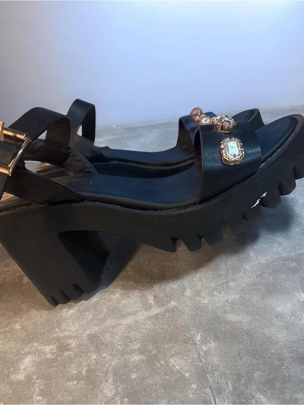 Madden Girl Black Gem-Embellished Lug Platform Sandals
